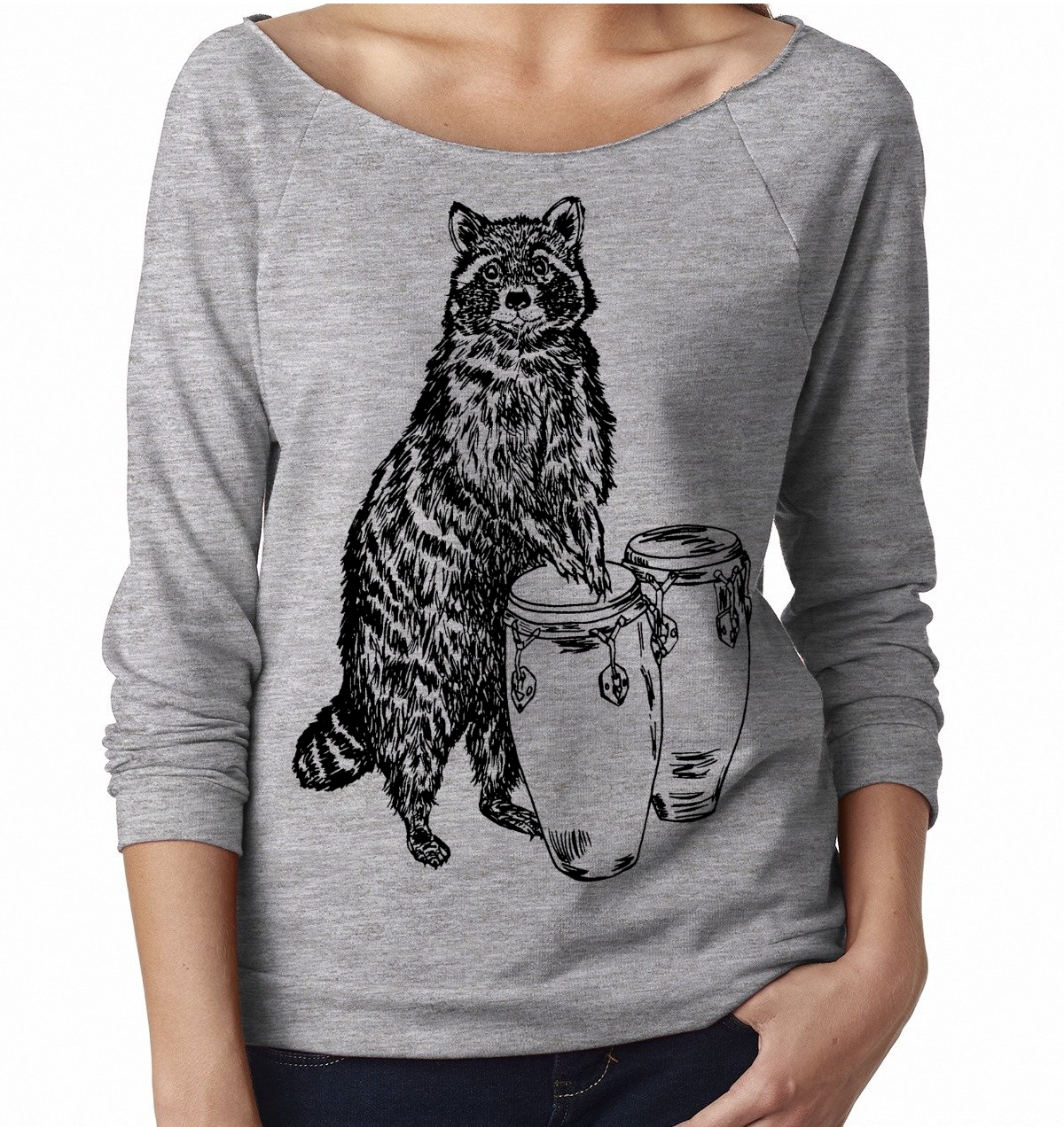 Raccoon with Conga Drums Ladies 3/4 Sleeve Boatneck Shirt