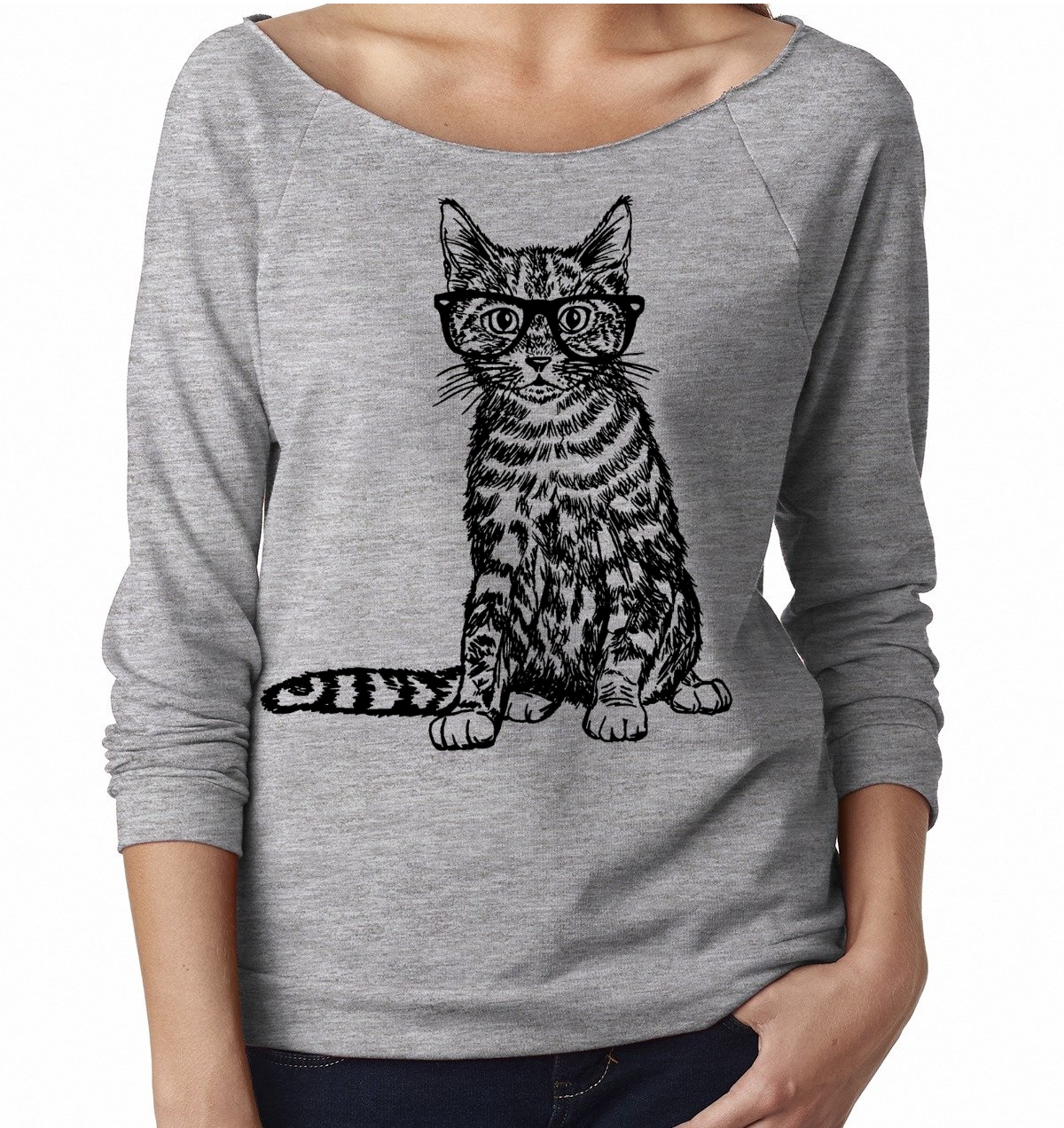 Cat with Glasses Ladies 3/4 Sleeve Boatneck Shirt