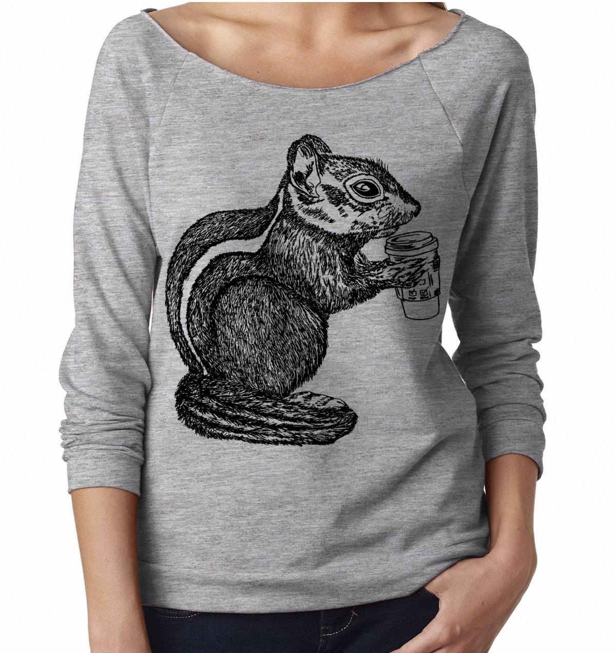 Chipmunk Drinking Coffee Ladies 3/4 Sleeve Boatneck Shirt