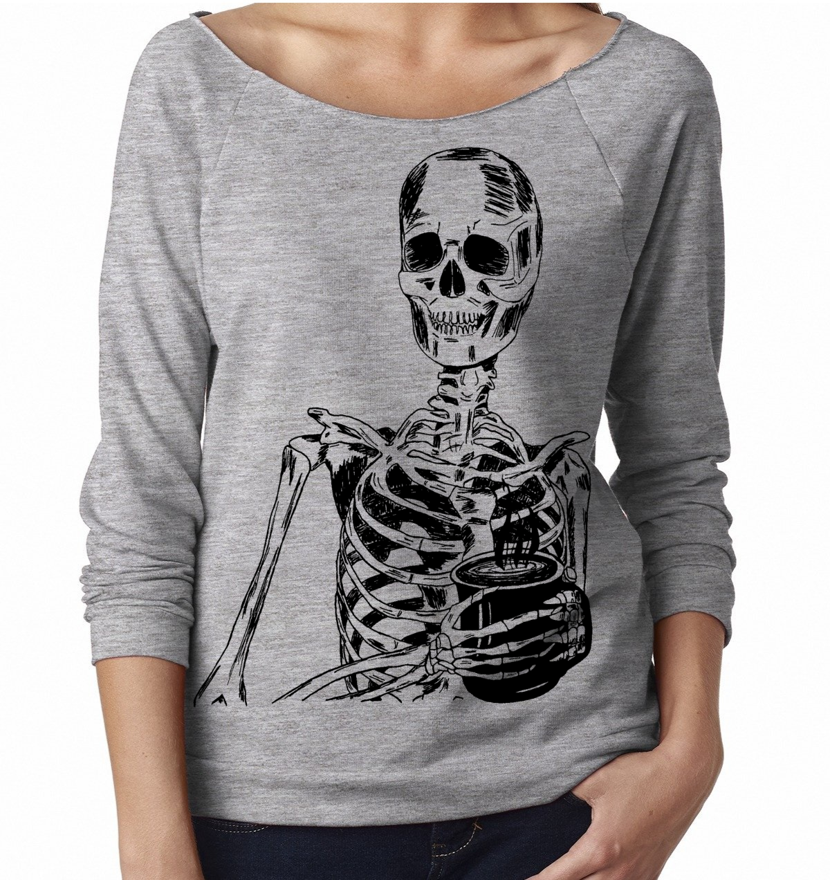Skeleton Drinking Coffee Ladies 3/4 Sleeve Boatneck Shirt