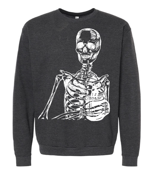 Skeleton Drinking Coffee Unisex Fleece Crewneck