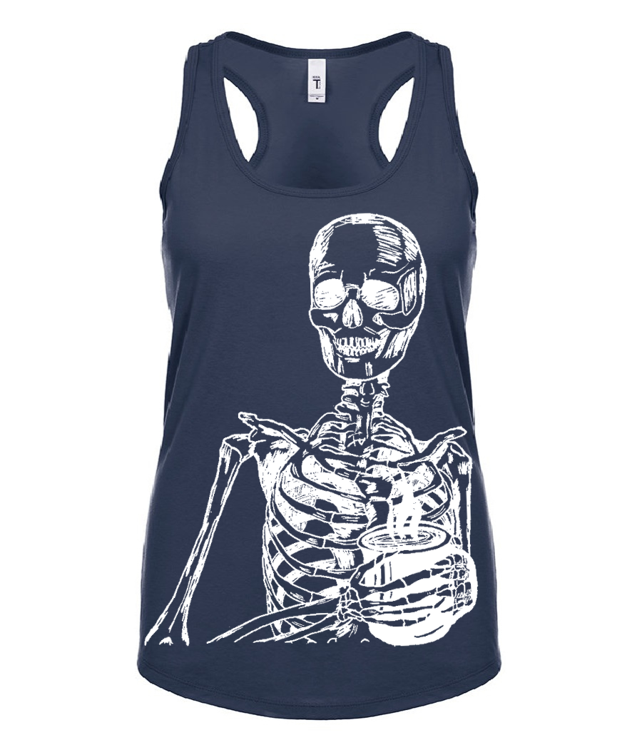 Skeleton Drinking Coffee Ladies Tank Top
