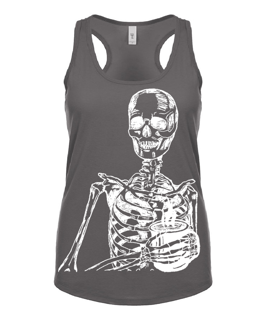 Skeleton Drinking Coffee Ladies Tank Top