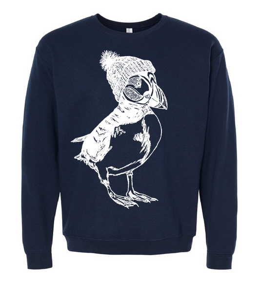 Puffin in a Pom Pom Hat Unisex Fleece Crewneck