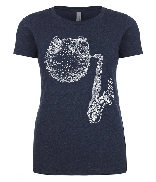 Blowfish Playing Saxophone Ladies T Shirt