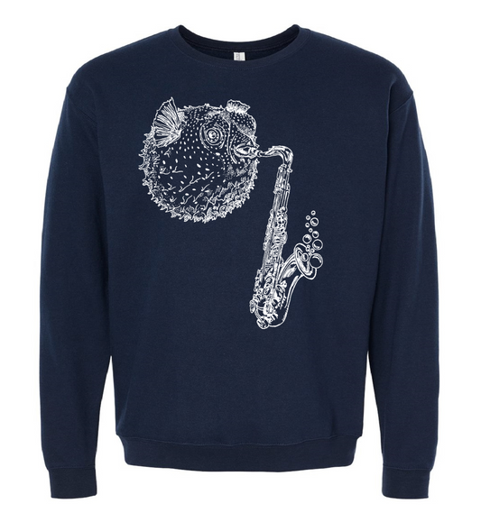 Blowfish Playing Saxophone Unisex Fleece Crewneck