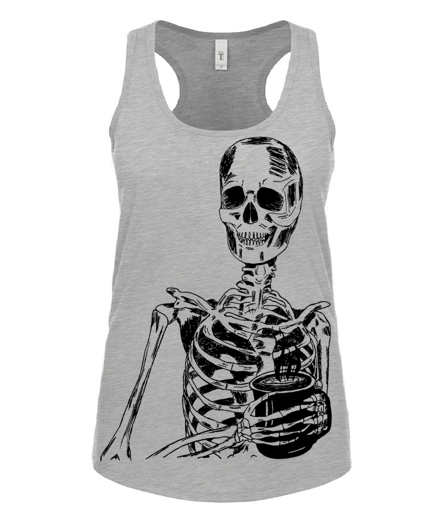 Skeleton Drinking Coffee Ladies Tank Top