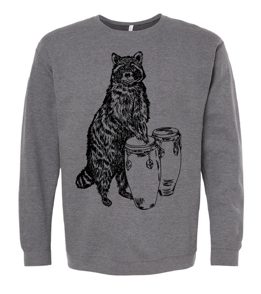 Raccoon Playing Conga Drums Unisex Fleece Crewneck