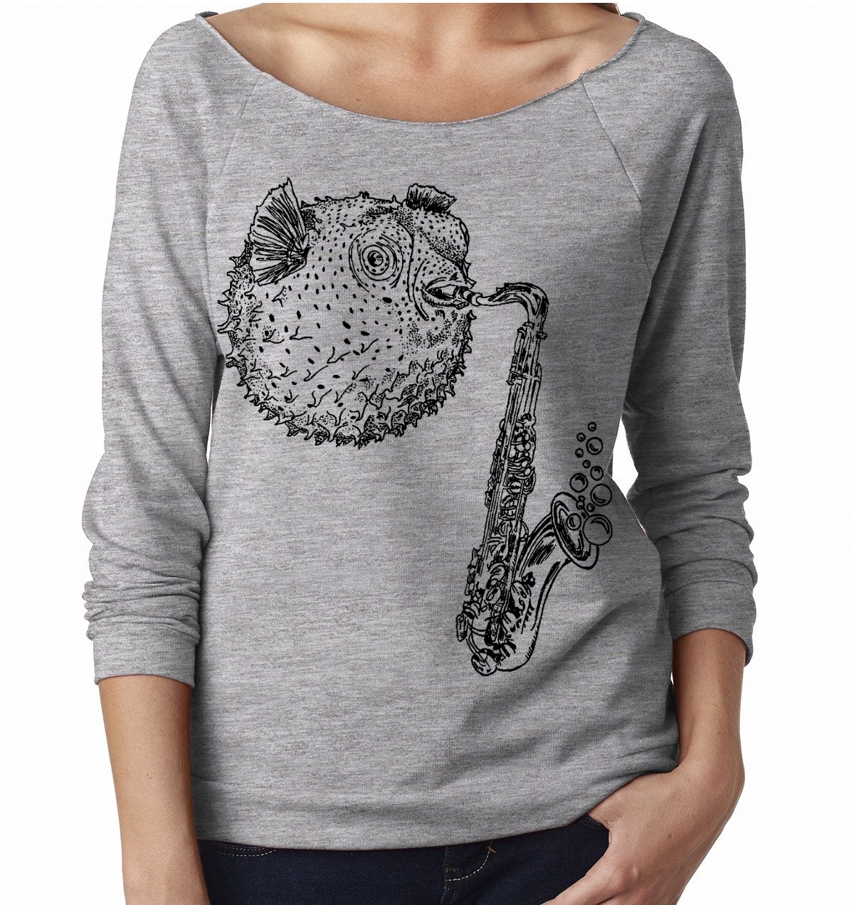 Blowfish with a Saxophone Ladies 3/4 Sleeve Boatneck Shirt