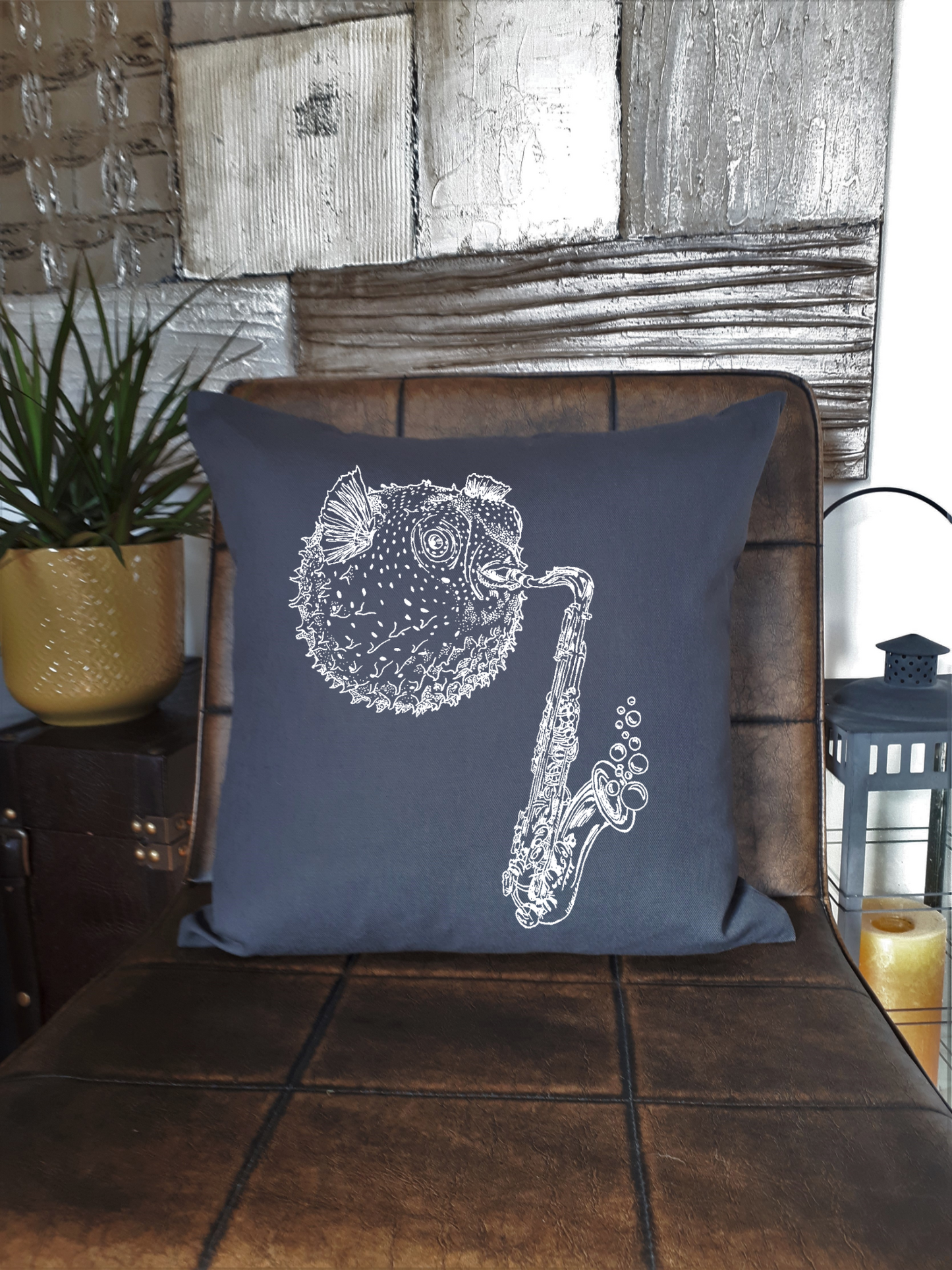 Blowfish Playing Saxophone 20 x 20 Cushion Cover