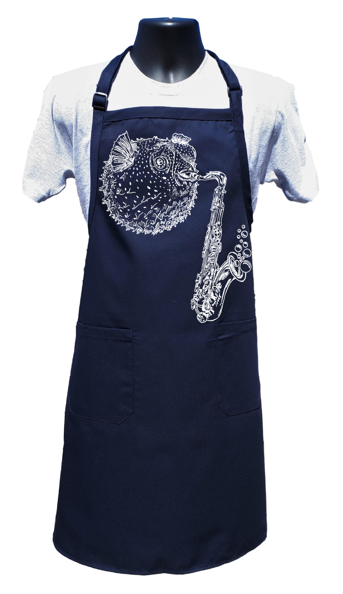 Blowfish Playing Saxophone Chef's Apron with Pockets
