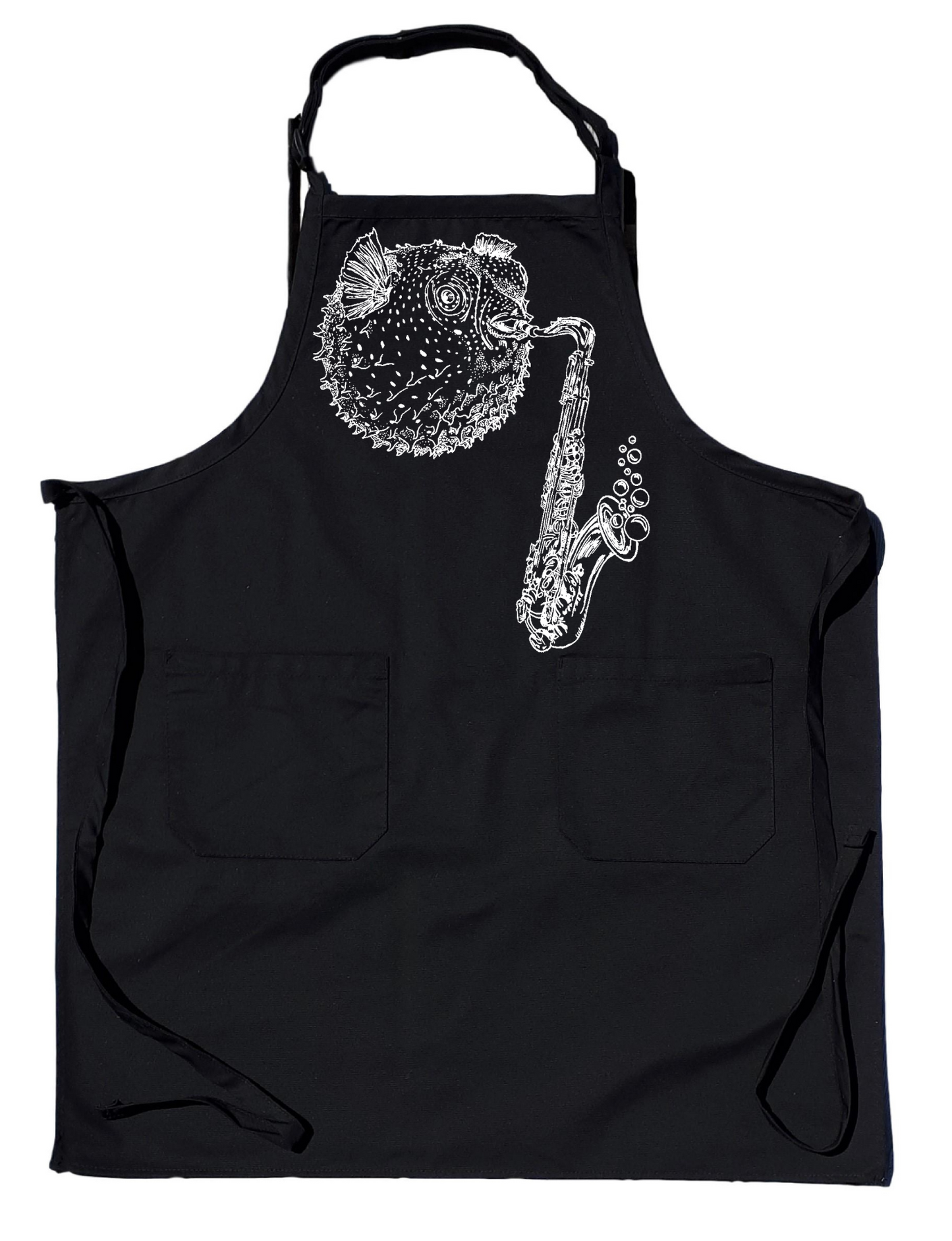 Blowfish Playing Saxophone Chef's Apron with Pockets