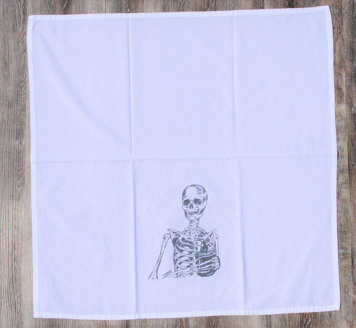 Skeleton Drinking Coffee Flour Sack Tea Towel