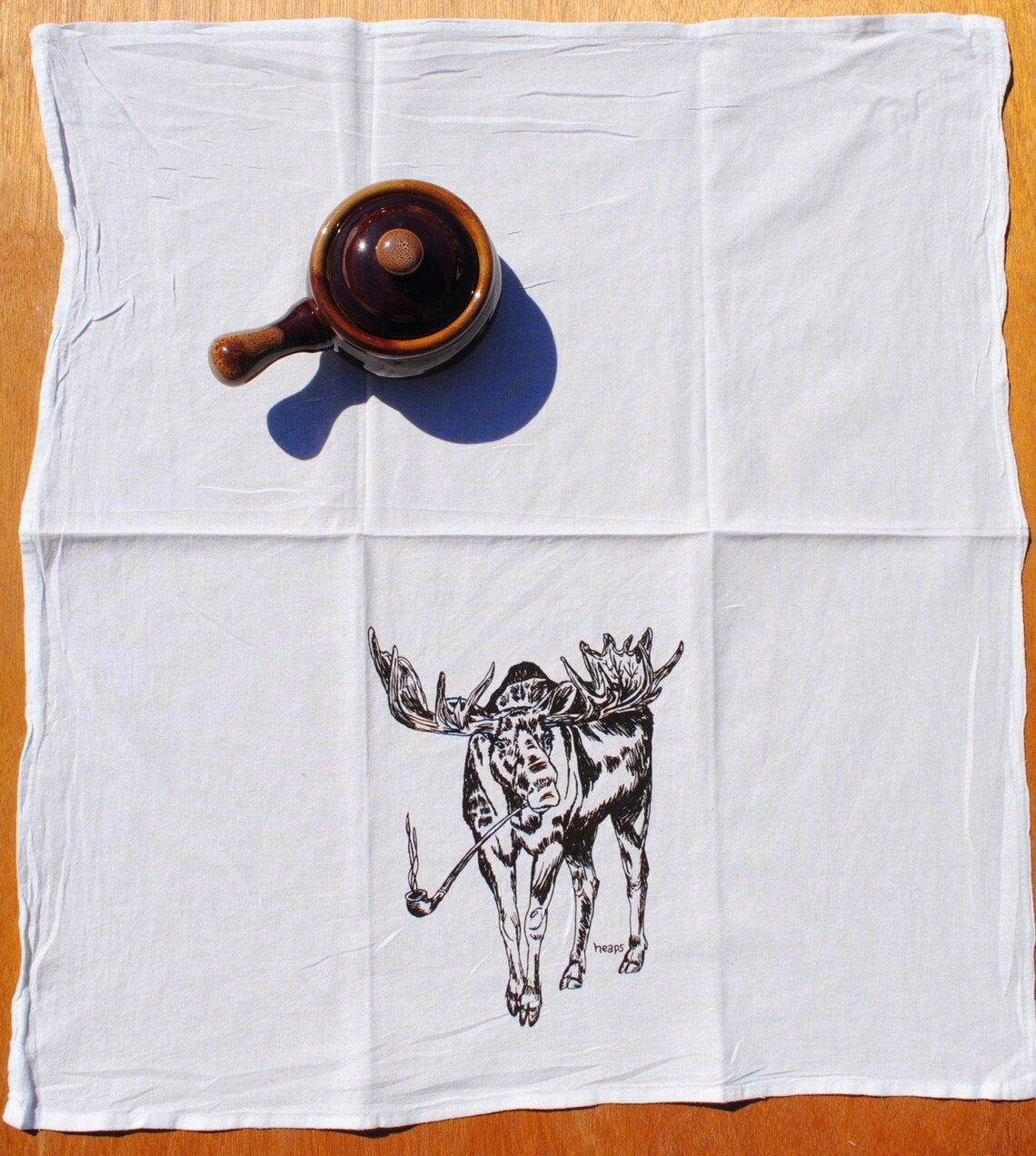 Moose Smoking a Pipe Flour Sack Tea Towel