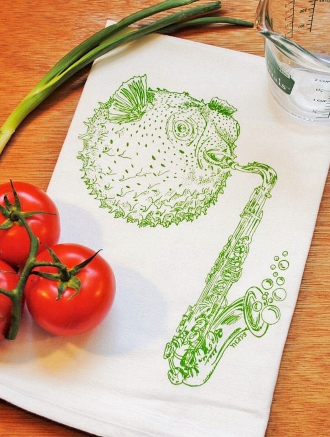Blowfish with Saxophone Flour Sack Tea Towel