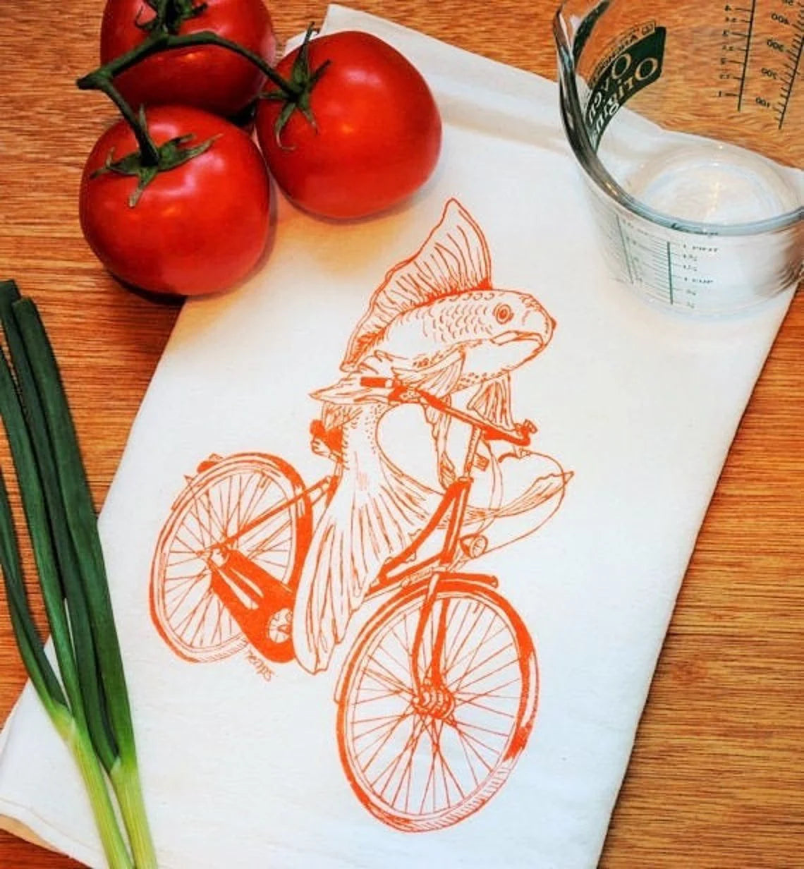 Fish on a Bicycle Flour Sack Tea Towel