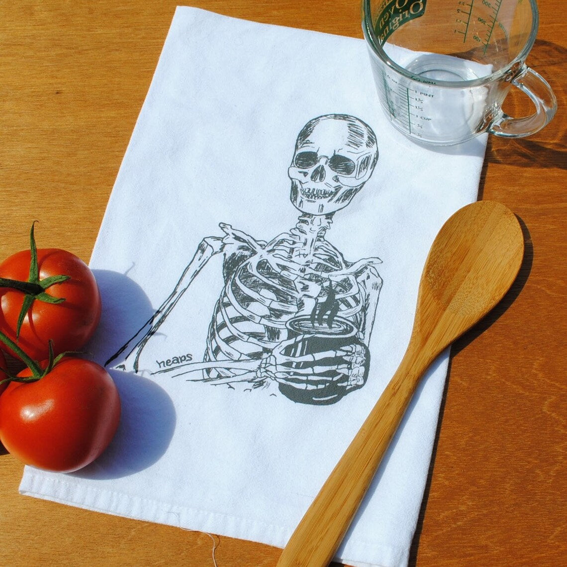 Skeleton Drinking Coffee Flour Sack Tea Towel