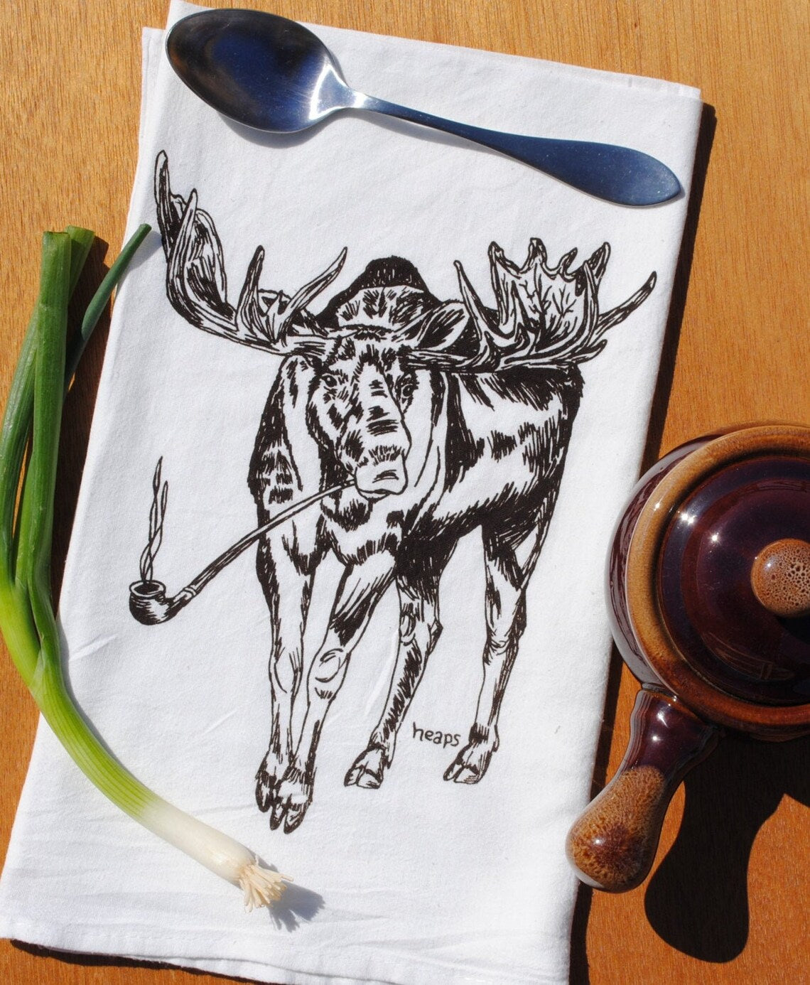 Moose Smoking a Pipe Flour Sack Tea Towel