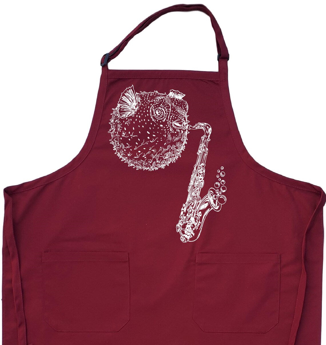Blowfish Playing Saxophone Chef's Apron with Pockets