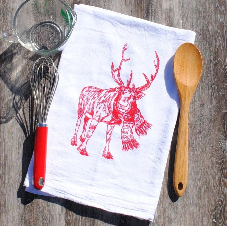Reindeer in a Reindeer Scarf Flour Sack Tea Towel