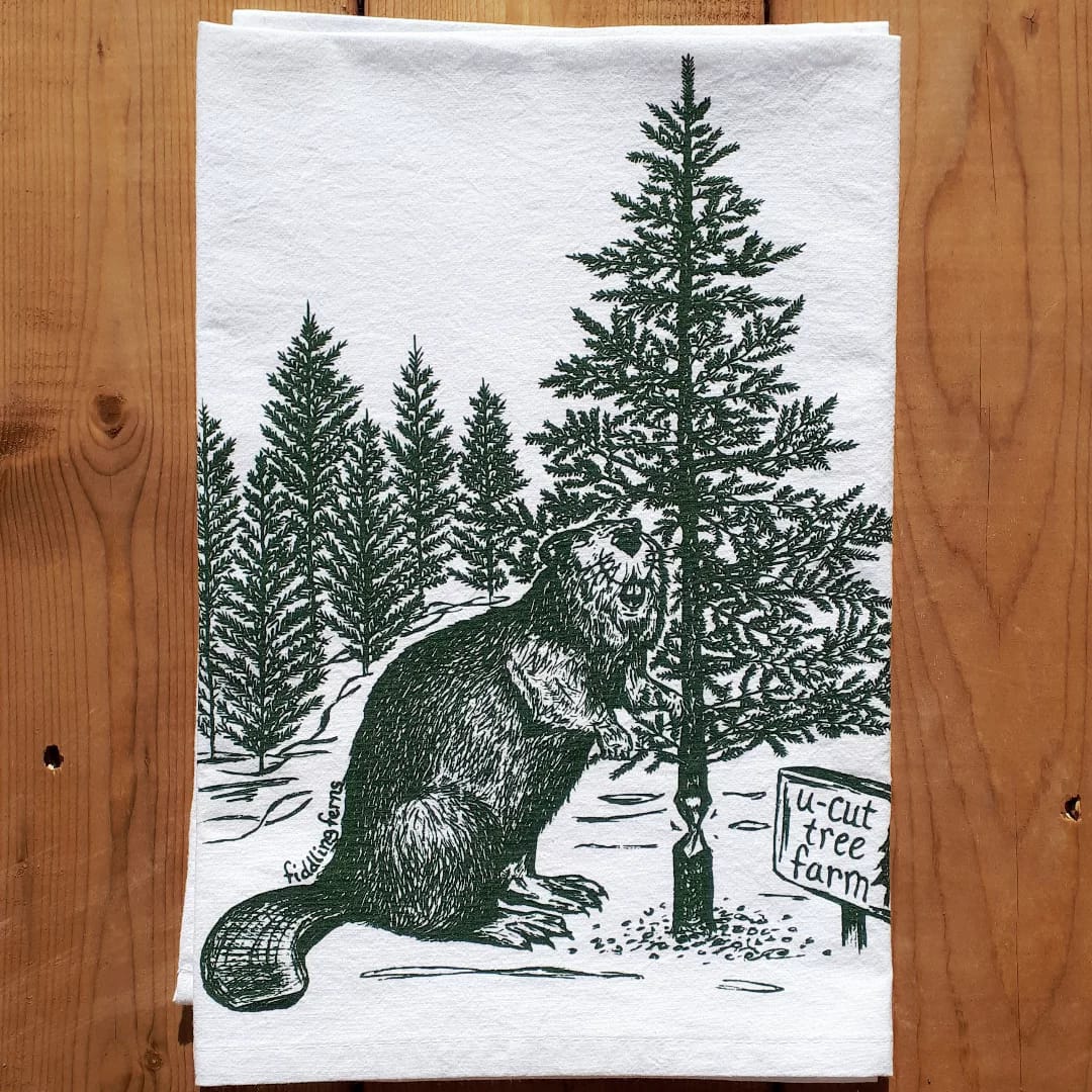 Beaver at a U-Cut Tree Farm Flour Sack Tea Towel