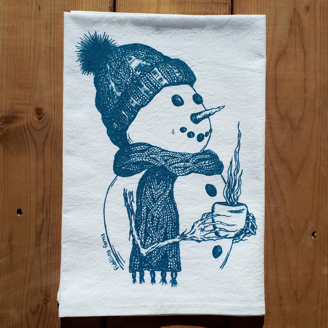 Snowman Drinking Coffee Flour Sack Tea Towel