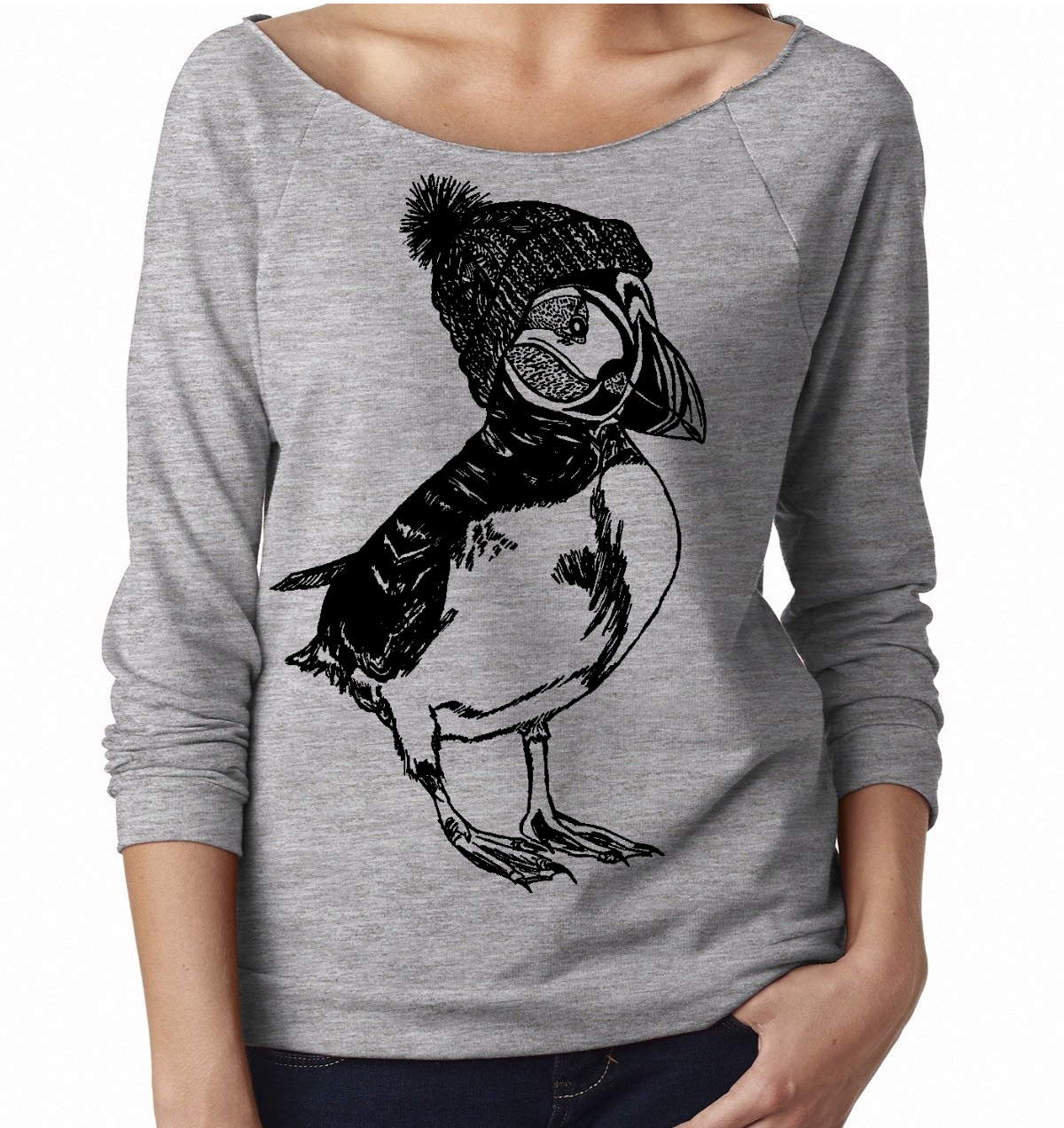 Puffin in a Pom Pom Hat Ladies 3/4 Sleeve Boatneck Shirt