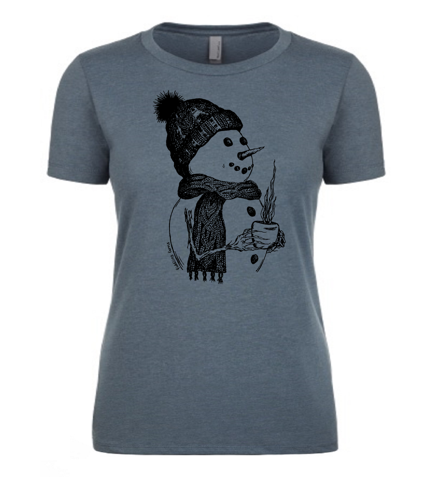 Snowman Drinking Coffee Ladies Snug Fit T Shirt