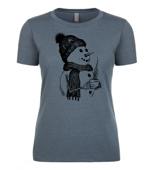 Snowman Drinking Coffee Ladies Snug Fit T Shirt