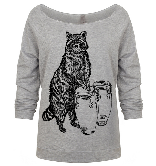 Raccoon with Conga Drums Ladies 3/4 Sleeve Boatneck Shirt