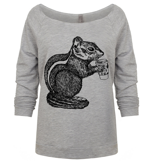 Chipmunk Drinking Coffee Ladies 3/4 Sleeve Boatneck Shirt