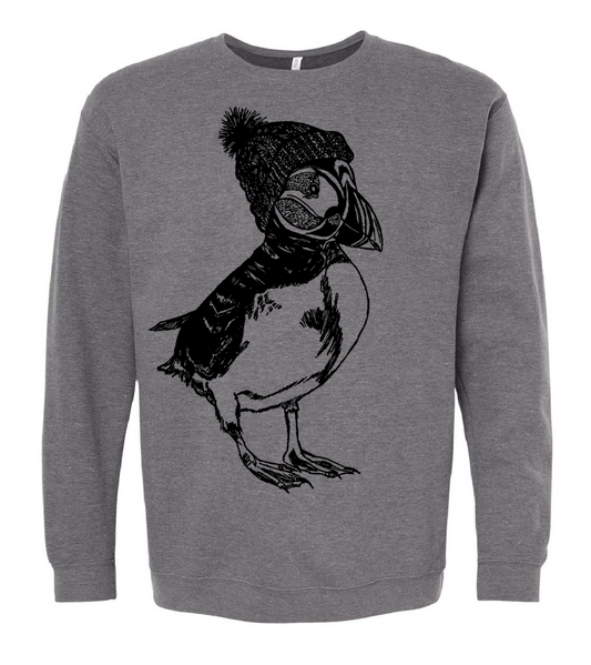 Puffin in a Pom Pom Hat Unisex Fleece Crewneck