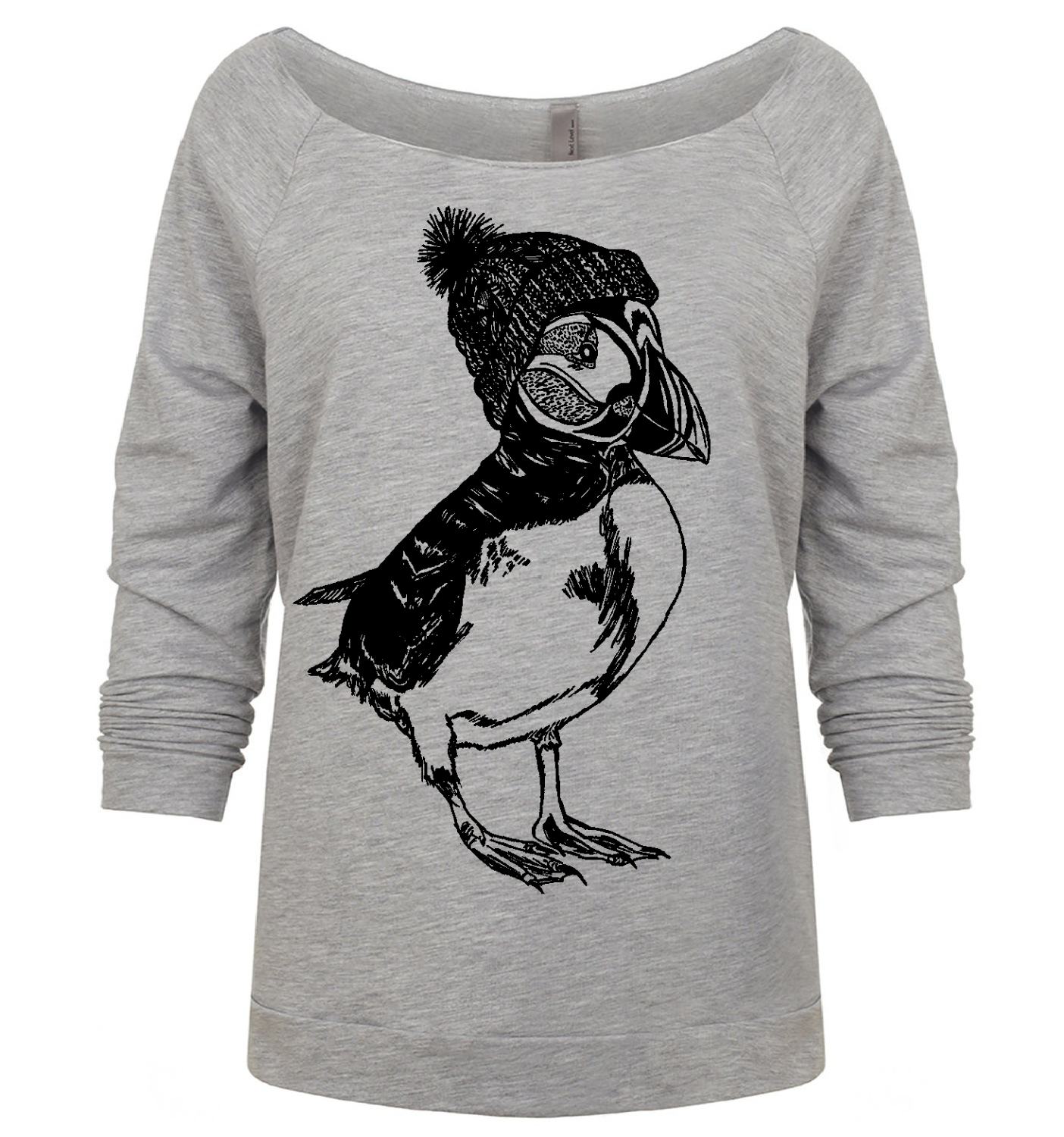 Puffin in a Pom Pom Hat Ladies 3/4 Sleeve Boatneck Shirt