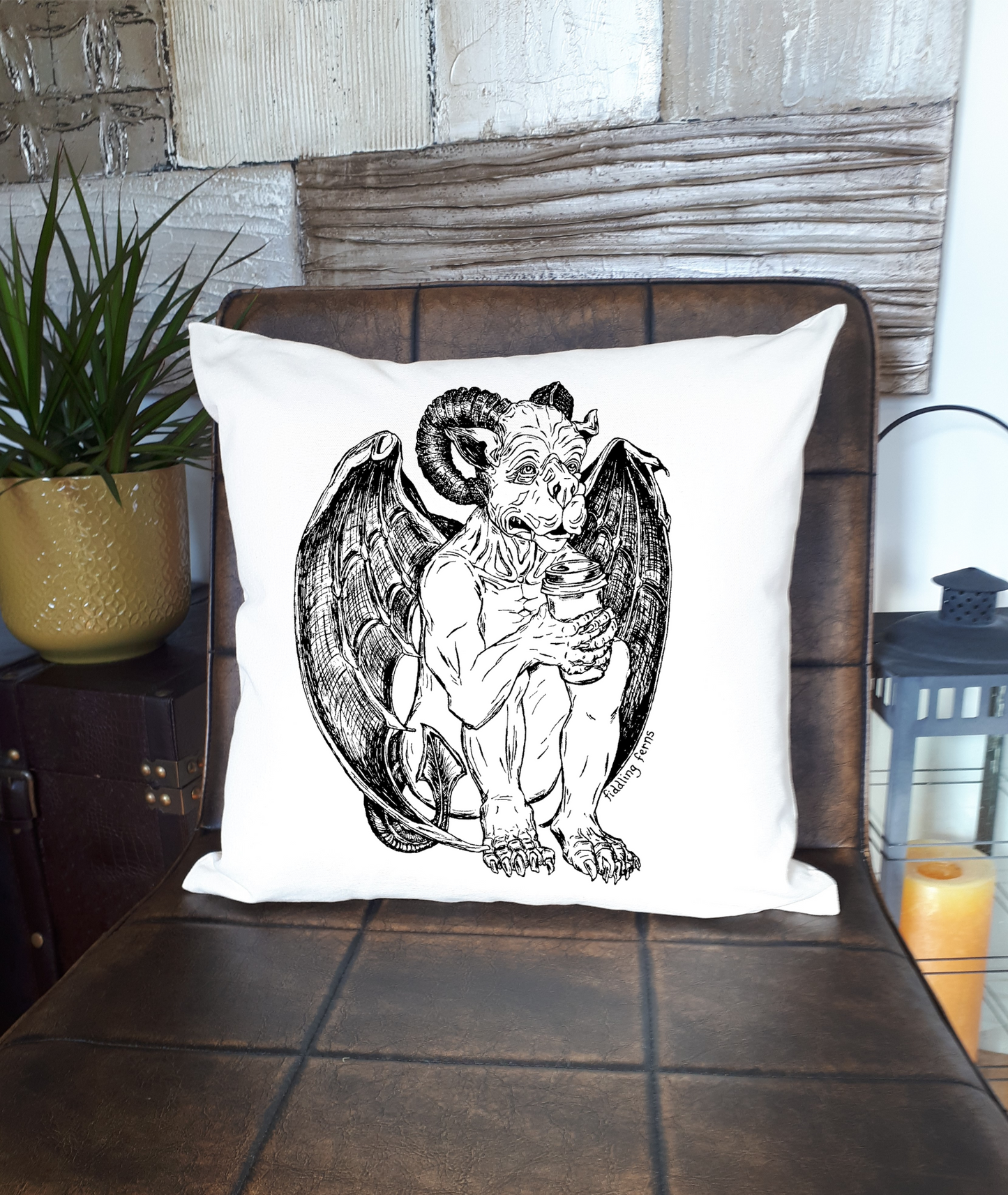 Gargoyle Drinking Coffee 20 x 20 Cushion Cover