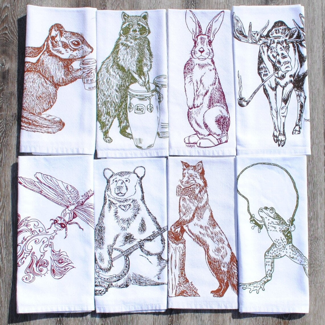 Set of 8 Forest Animal Napkins Dark Ink