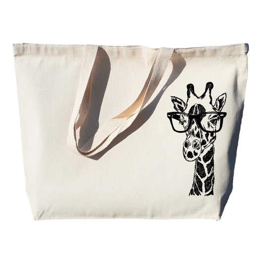 Giraffe with Glasses Large Heavyweight Canvas Tote