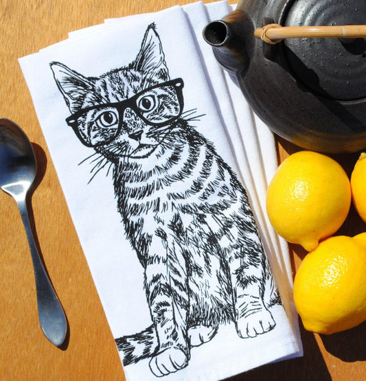 Set of 4 Cat with Glasses Cotton Napkins