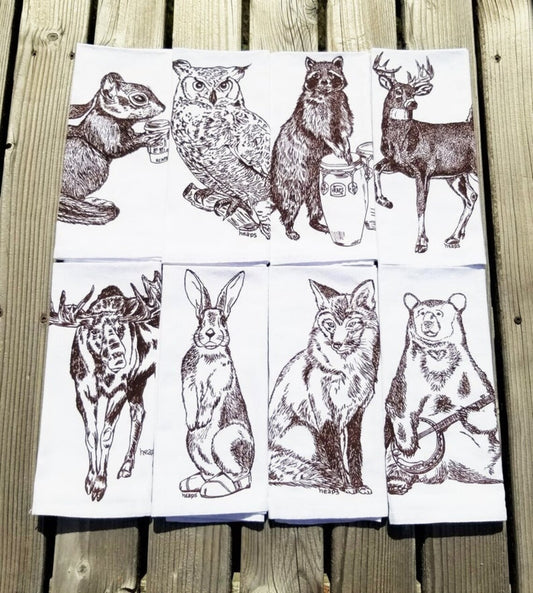 Set of 8 Forest Animal Napkins Brown Ink