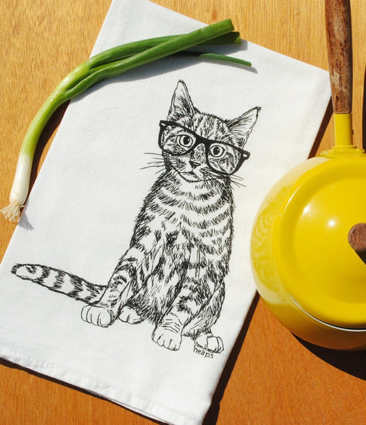 Cat with Glasses Flour Sack Tea Towel