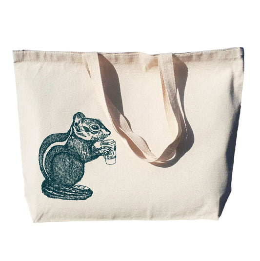 Chipmunk Drinking Coffee Large Heavyweight Canvas Tote