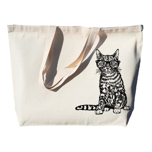 Cat with Glasses Large Heavyweight Canvas Tote