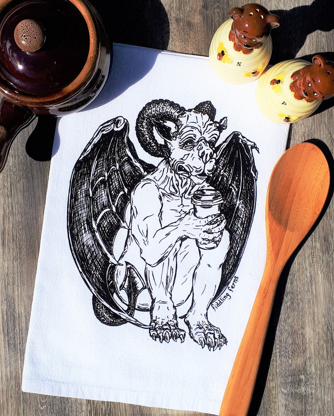 Gargoyle Drinking Coffee Flour Sack Tea Towel