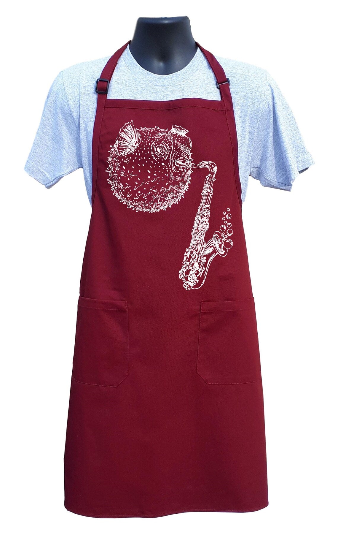 Blowfish Playing Saxophone Chef's Apron with Pockets