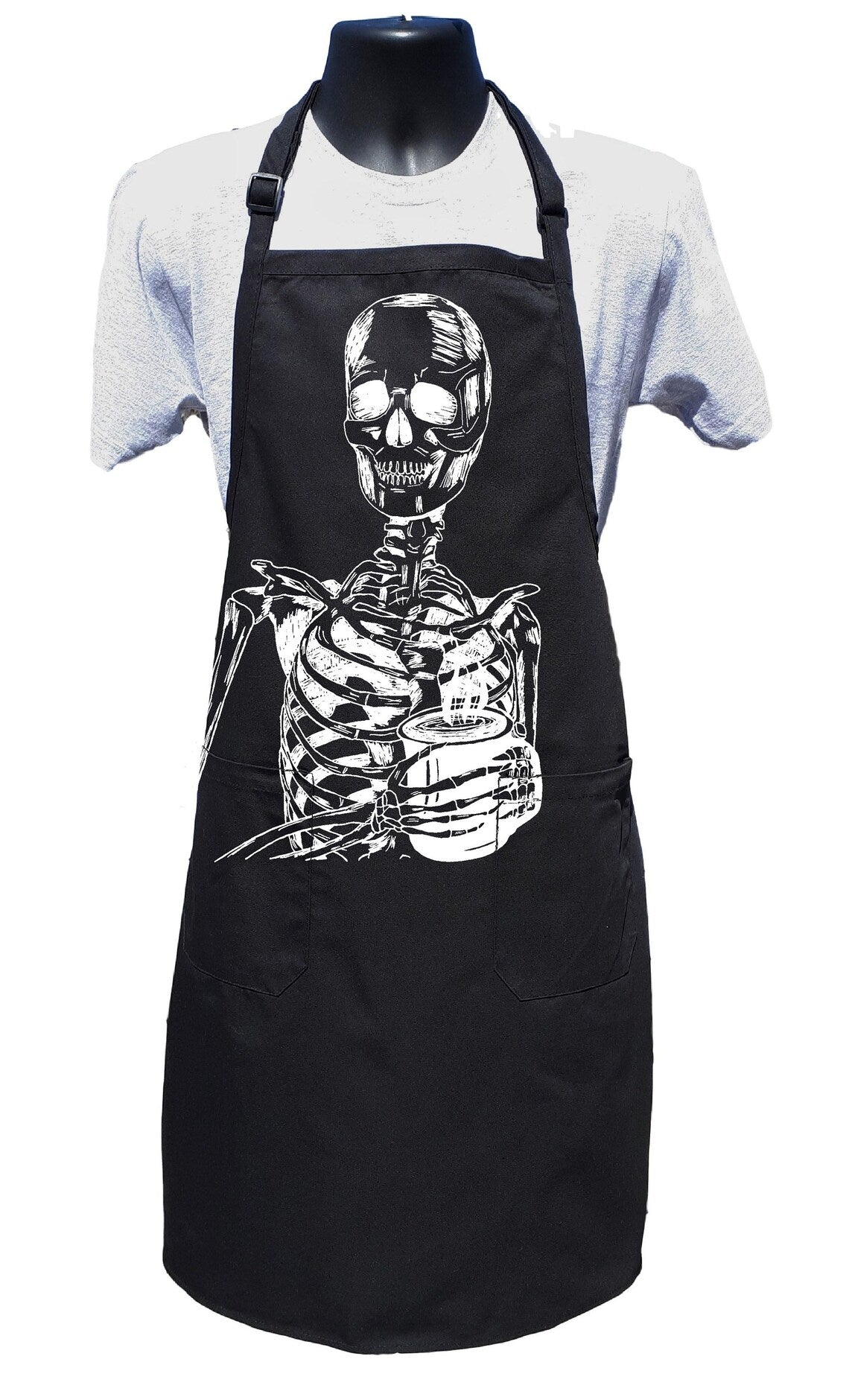 Skeleton Drinking Coffee Chef's Apron with Pockets