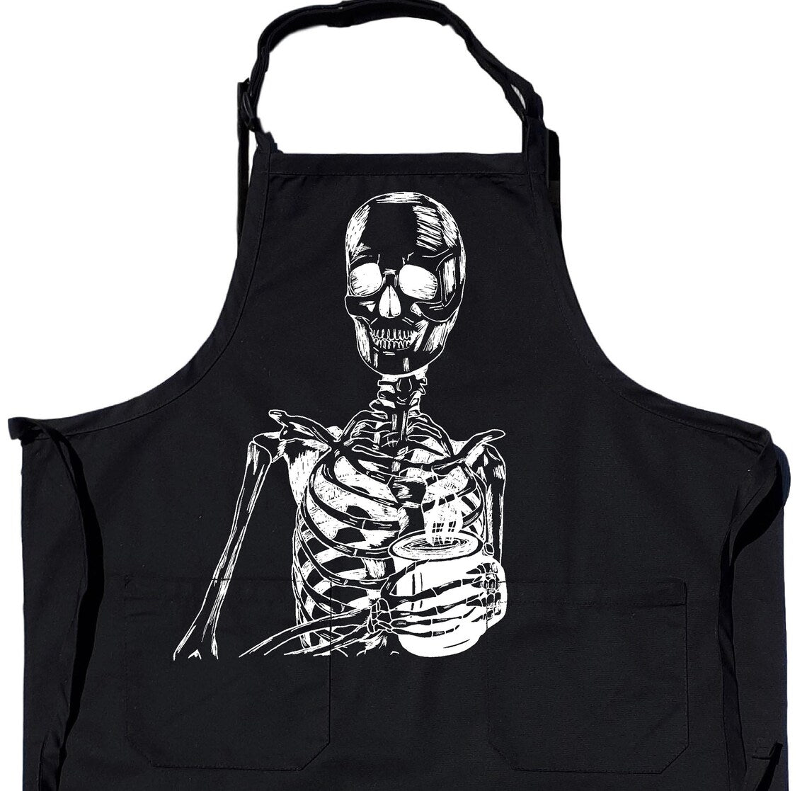 Skeleton Drinking Coffee Chef's Apron with Pockets