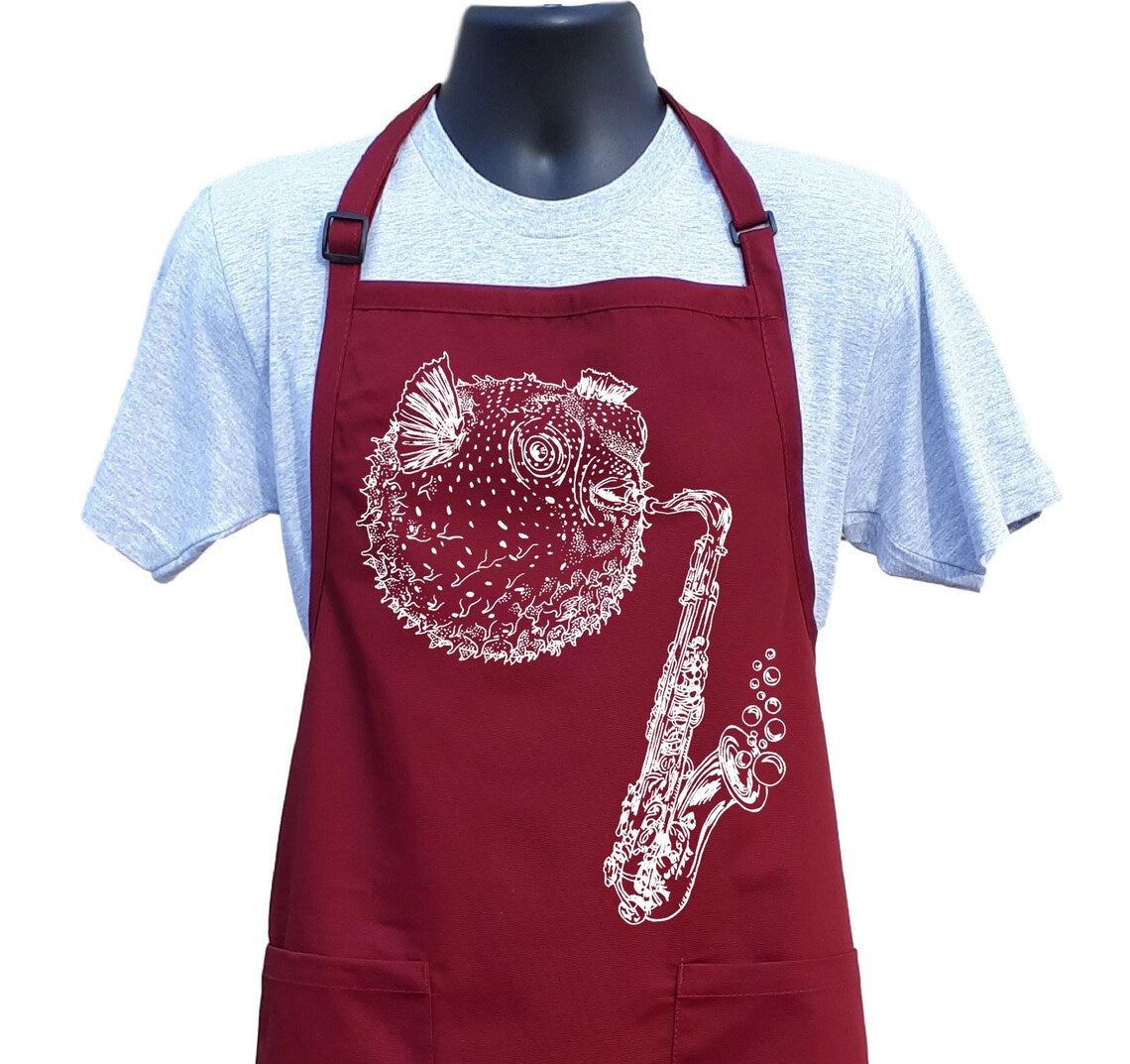 Blowfish Playing Saxophone Chef's Apron with Pockets
