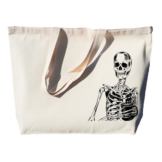Skeleton Drinking Coffee Large Heavyweight Canvas Tote